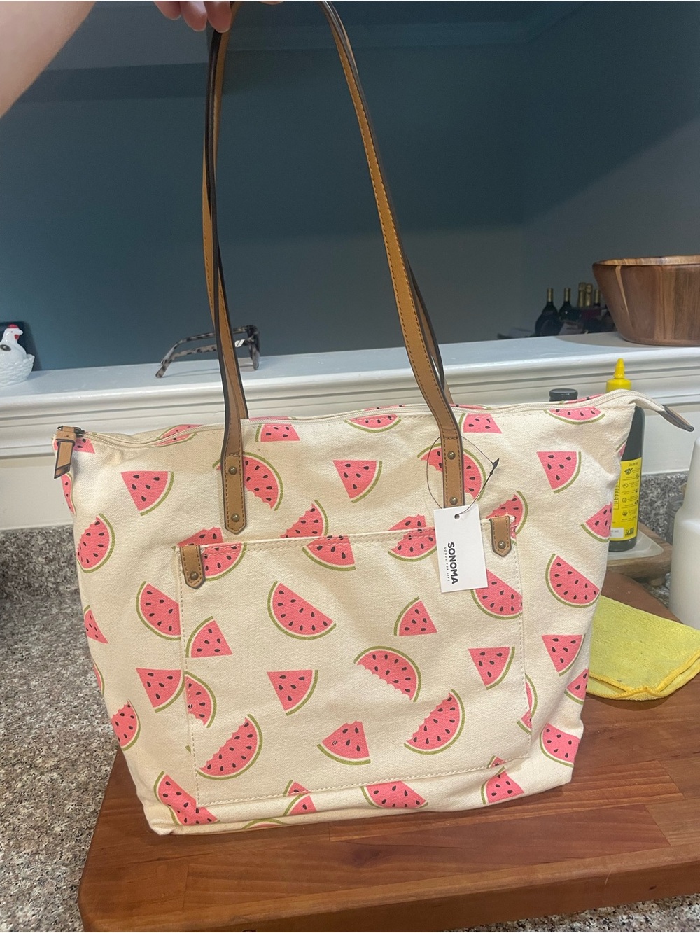 Sonoma Cream Canvas Tote with Pink Watermelon Print and Brown Straps